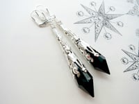 Image 5 of Vamp Ornate Pointed Earrings, Black & Silver, Pierced or Clip On 