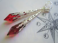 Image 3 of Vamp Ornate Pointed Earrings, Red & Silver, Pierced or Clip On