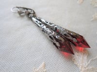 Image 9 of Vamp Ornate Pointed Earrings, Red & Gunmetal, Pierced or Clip On 