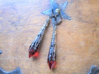 Image 10 of Vamp Ornate Pointed Earrings, Red & Gunmetal, Pierced or Clip On 