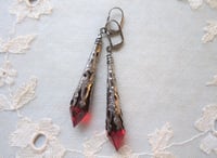 Image 6 of Vamp Ornate Pointed Earrings, Red & Gunmetal, Pierced or Clip On 