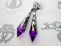 Image 6 of Vamp Ornate Pointed Earrings, Purple & Gunmetal, Pierced or Clip On 