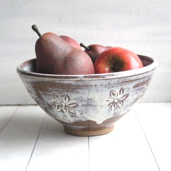 Image of Gorgeous Medium Hand Carved Rustic Serving Bowl in Dripping White and Speckled Brown, Made in USA