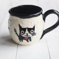 Image 5 of Whimsical Black Cat Sgraffito Mug, Cat Lover's Coffee Cup, 14 oz., Made in USA