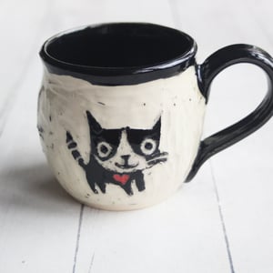 Image of Whimsical Black Cat Sgraffito Mug, Cat Lover's Coffee Cup, 14 oz., Made in USA