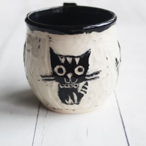 Image of Whimsical Black Cat Sgraffito Mug, Cat Lover's Coffee Cup, 14 oz., Made in USA