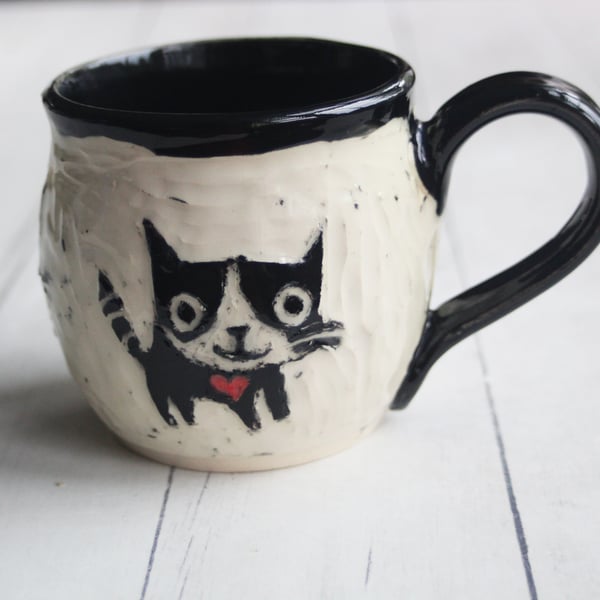Image of Whimsical Black Cat Sgraffito Mug, Cat Lover's Coffee Cup, 14 oz., Made in USA