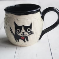 Image 1 of Whimsical Black Cat Sgraffito Mug, Cat Lover's Coffee Cup, 14 oz., Made in USA