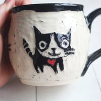 Image 4 of Whimsical Black Cat Sgraffito Mug, Cat Lover's Coffee Cup, 14 oz., Made in USA