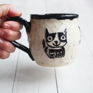 Image of Whimsical Black Cat Sgraffito Mug, Cat Lover's Coffee Cup, 14 oz., Made in USA