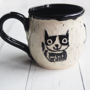 Image of Whimsical Black Cat Sgraffito Mug, Cat Lover's Coffee Cup, 14 oz., Made in USA