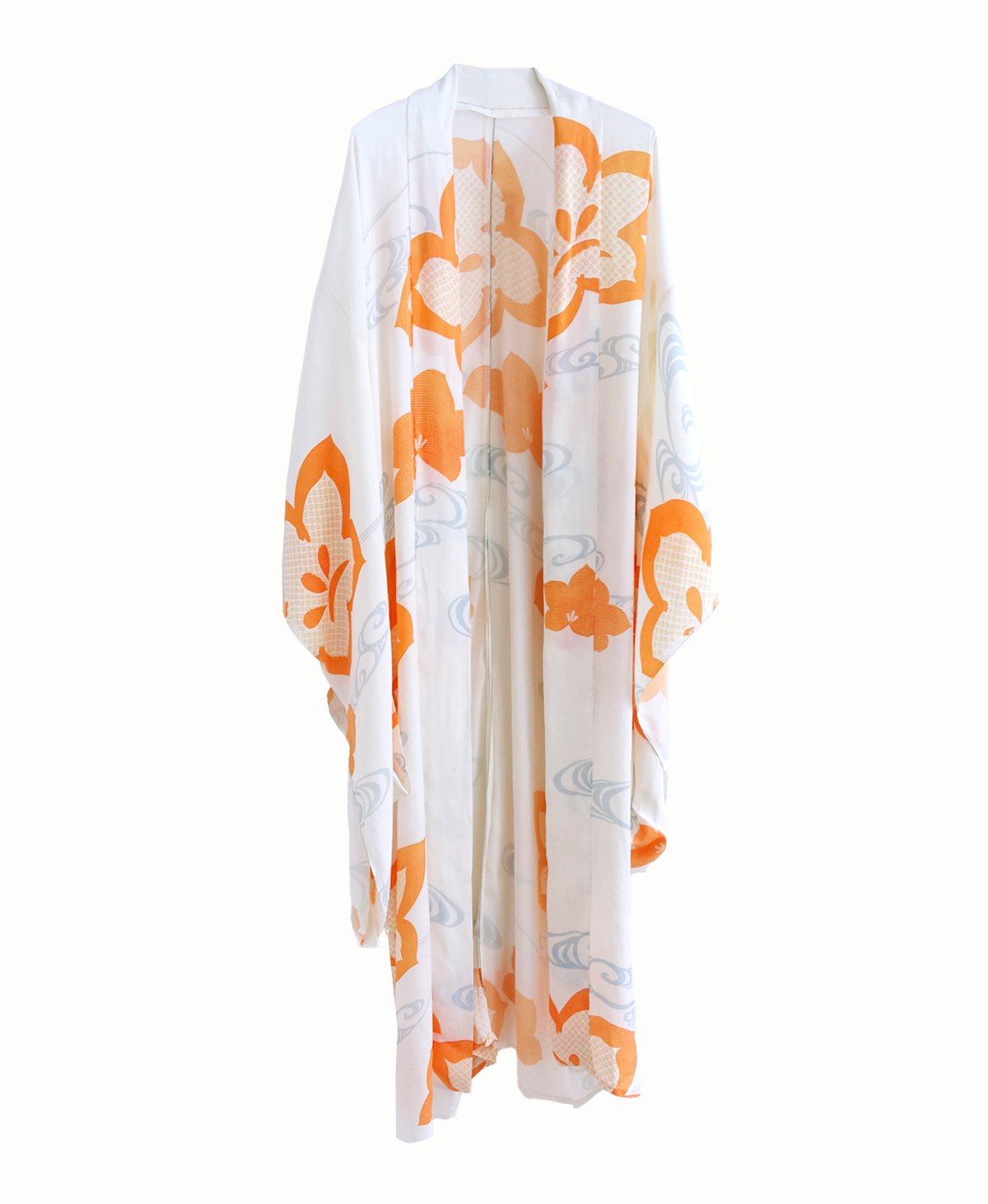 Image of Silke kimono dame - hvid med orange storblomster og guldbroderier