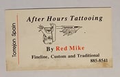 Image of original vintage tattoo machine business card red mike torrejon spain tattooing shop 2x3.5