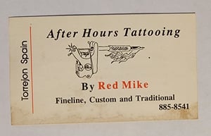 Image of original vintage tattoo machine business card red mike torrejon spain tattooing shop 2x3.5