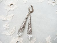Image 6 of Vamp Ornate Pointed Earrings, Clear & Antique Silver, Pierced or Clip On 