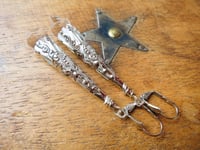 Image 7 of Vamp Ornate Pointed Earrings, Clear & Antique Silver, Pierced or Clip On 