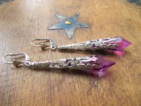 Image 6 of Vamp Ornate Pointed Earrings, Purple & Antique Silver, Pierced or Clip On 