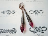 Image 7 of Vamp Ornate Pointed Earrings, Cerise & Antique Copper, Pierced or Clip On 
