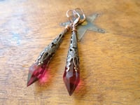 Image 8 of Vamp Ornate Pointed Earrings, Cerise & Antique Copper, Pierced or Clip On 