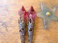 Image 9 of Vamp Ornate Pointed Earrings, Cerise & Antique Copper, Pierced or Clip On 