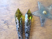 Image 7 of Vamp Ornate Pointed Earrings, Olive & Antique Copper, Pierced or Clip On