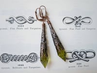 Image 4 of Vamp Ornate Pointed Earrings, Olive & Antique Copper, Pierced or Clip On
