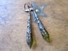 Medieval Pointed Pendulum Earrings, Olive & Antique Copper, Pierced or Clip On