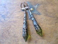 Image 9 of Vamp Ornate Pointed Earrings, Olive & Antique Copper, Pierced or Clip On