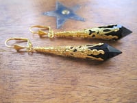Image 7 of Vamp Ornate Pointed Earrings, Black & Antique Gold, Pierced or Clip On