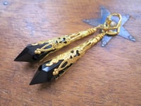 Image 4 of Vamp Ornate Pointed Earrings, Black & Antique Gold, Pierced or Clip On
