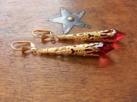 Image 7 of Vamp Ornate Pointed Earrings, Red & Antique Gold, Pierced or Clip On