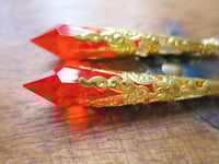 Image 7 of Vamp Ornate Pointed Earrings, Orange-Red & Antique Gold, Pierced or Clip On
