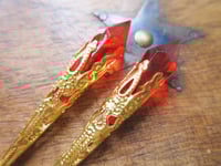 Image 9 of Vamp Ornate Pointed Earrings, Orange-Red & Antique Gold, Pierced or Clip On