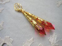 Image 8 of Vamp Ornate Pointed Earrings, Orange-Red & Antique Gold, Pierced or Clip On