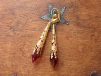 Image 3 of Vamp Ornate Pointed Earrings, Cerise & Antique Gold, Pierced or Clip On