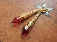 Image 8 of Vamp Ornate Pointed Earrings, Cerise & Antique Gold, Pierced or Clip On