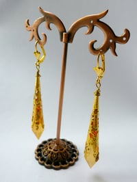 Image 7 of Vamp Ornate Pointed Earrings, Orange & Antique Gold, Pierced or Clip On