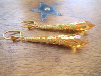 Image 6 of Vamp Ornate Pointed Earrings, Orange & Antique Gold, Pierced or Clip On