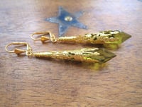 Image 7 of Vamp Ornate Pointed Earrings, Olive & Antique Gold, Pierced or Clip On