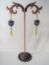 Image 7 of Egyptian Revival Cat Earrings, Blue & Antique Gold, Pierced or Clip On