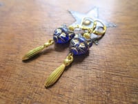 Image 4 of Egyptian Revival Cat Earrings, Blue & Antique Gold, Pierced or Clip On