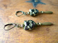Image 14 of Victorian Black Cat Earrings, Black & Antique Bronze Pierced or Clip On