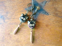 Image 3 of Victorian Black Cat Earrings, Black & Antique Bronze Pierced or Clip On
