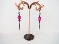 Image 7 of 80s New Wave Spike Earrings, Magenta & Gunmetal, Pierced or Clip On