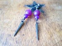 Image 8 of 80s New Wave Spike Earrings, Magenta & Gunmetal, Pierced or Clip On
