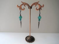 Image 9 of 80s New Wave Spike Earrings, Green & Gunmetal, Pierced or Clip On
