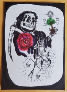 Image of vintage original unknown 1990s? death reaper heart tattoo flash folk art 5x7