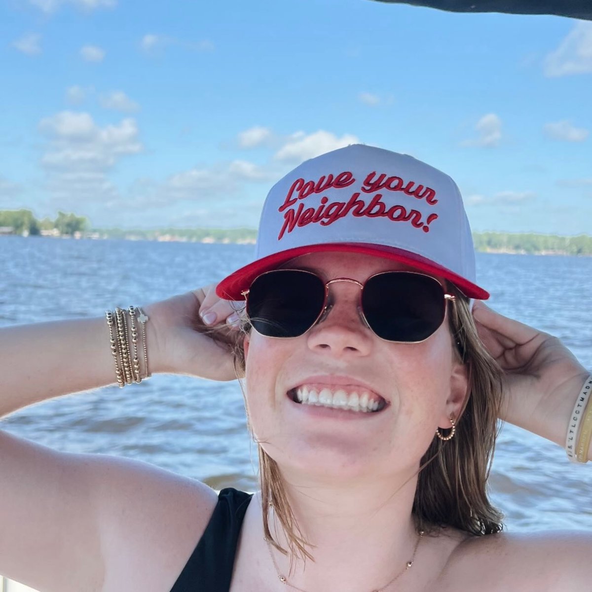Image of love your neighbor embroidered hat - red / white