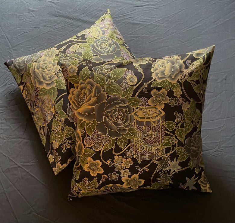 Image of Japanese Black Floral Pillow cases (PAIR)