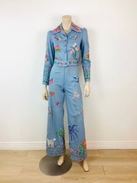 Image 1 of Vintage 1970s Heavily Embroidered Denim Jacket & Bell Bottoms Set